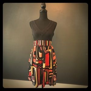 60s vibe sleeveless dress with colorful pattern